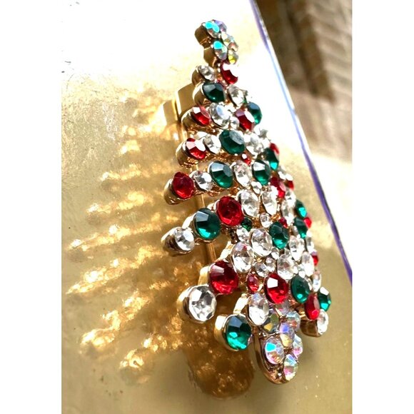 Rhinestone Christmas Tree Brooch Pin New Aurora Borealis Red Green Flow… - Picture 6 of 9